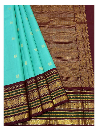Aqua Handwoven Kanchipuram Silk Saree with Maroon Border