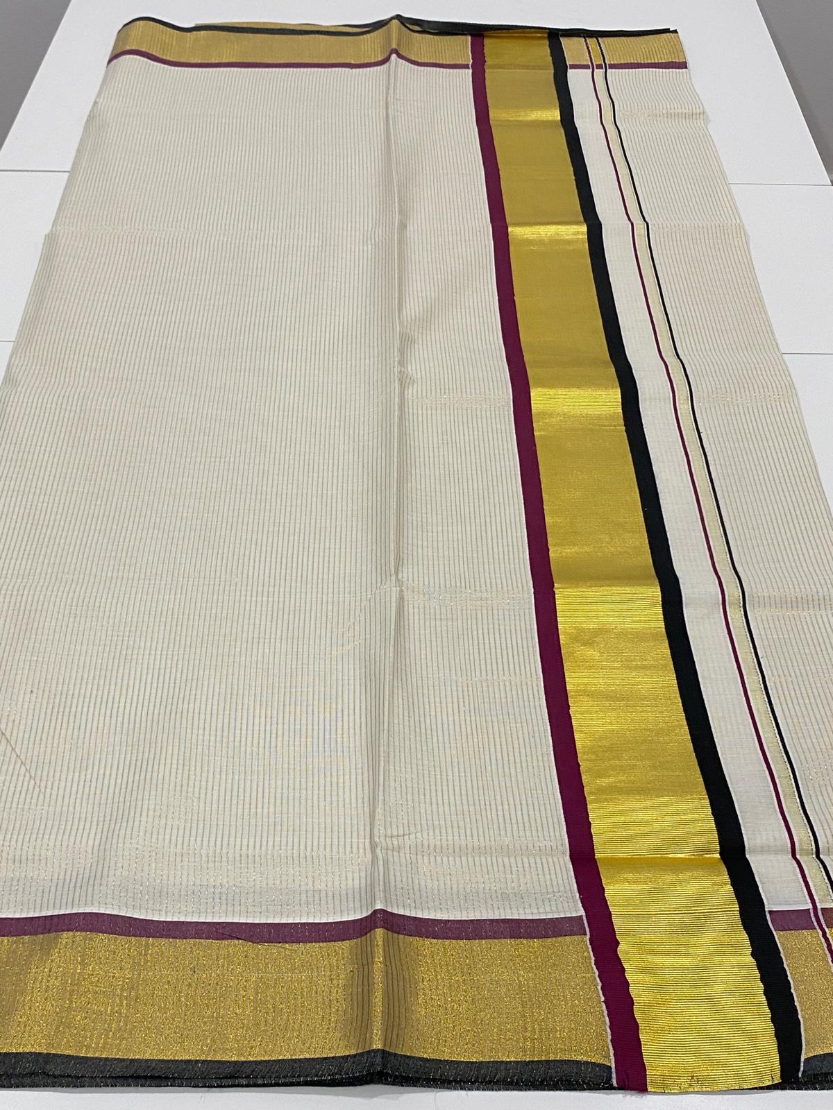 Onam cotton saree detailed view with thin stripes and black gold wine border
