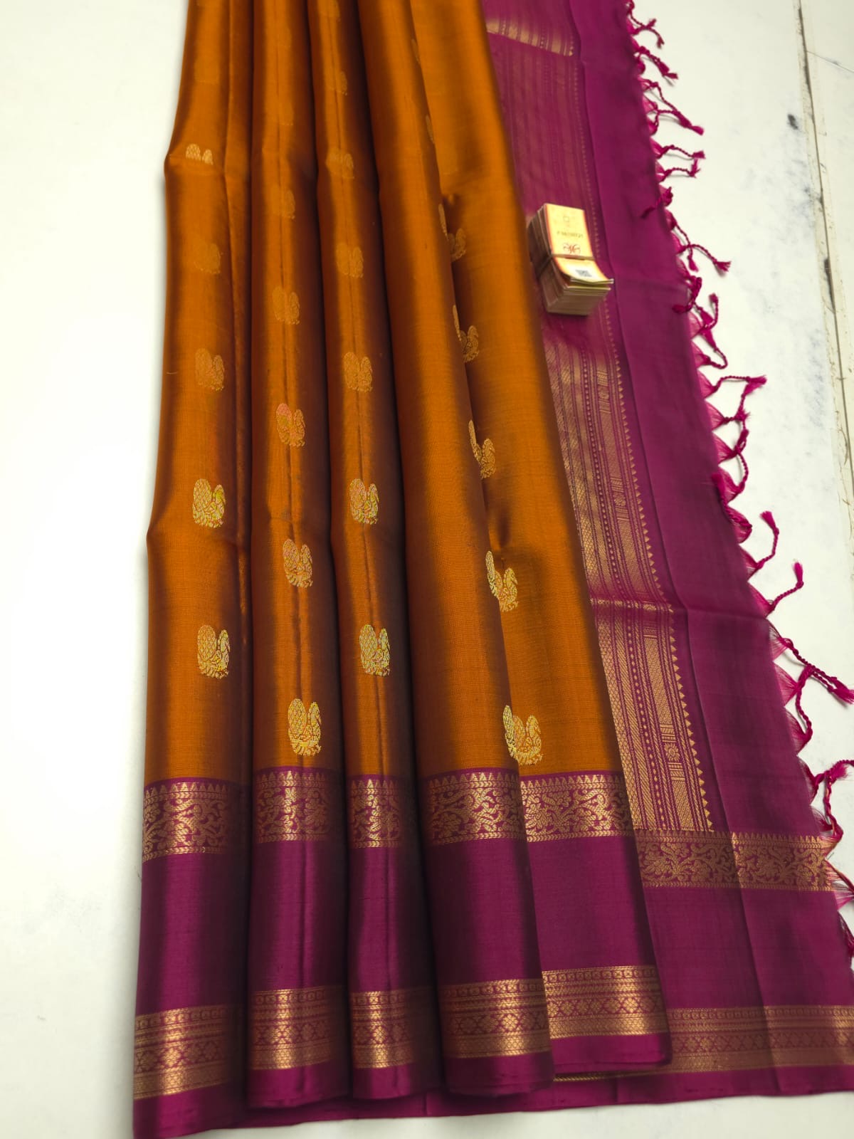 Burnt Orange With Magenta Purple Border Handloom Pure Soft Silk Saree with Floral Buttas