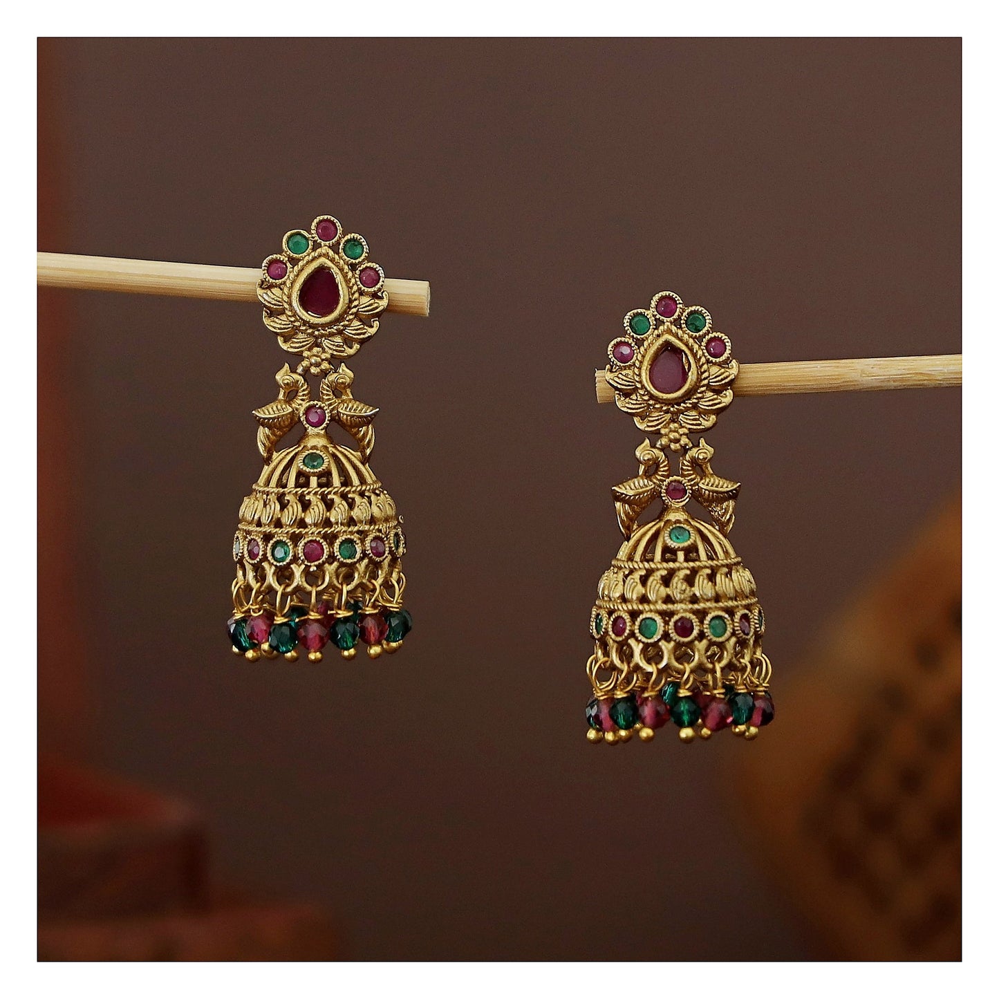Beaded Jhumka Earrings - Gold Tone with Red and Green Detail front view