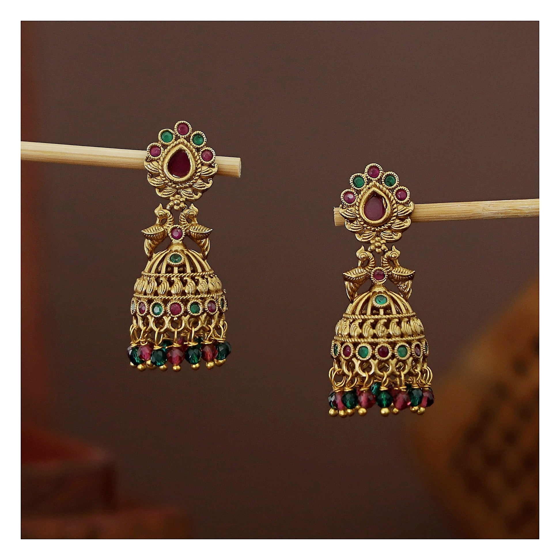 Beaded Jhumka Earrings - Gold Tone with Red and Green Detail front view