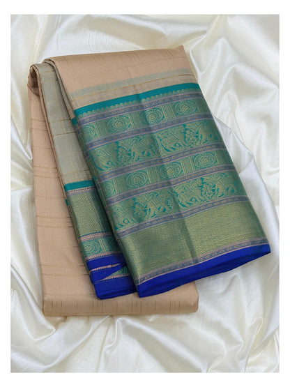Beige Pure Silk Saree with Teal Elephant Motif Border and Royal Blue Edge front view