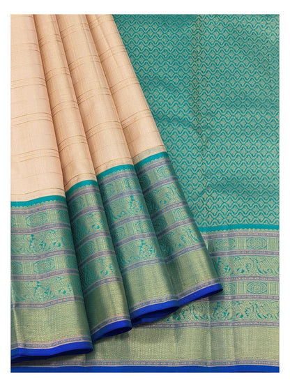 Beige Pure Silk Saree with Teal Elephant Motif Border and Royal Blue Edge