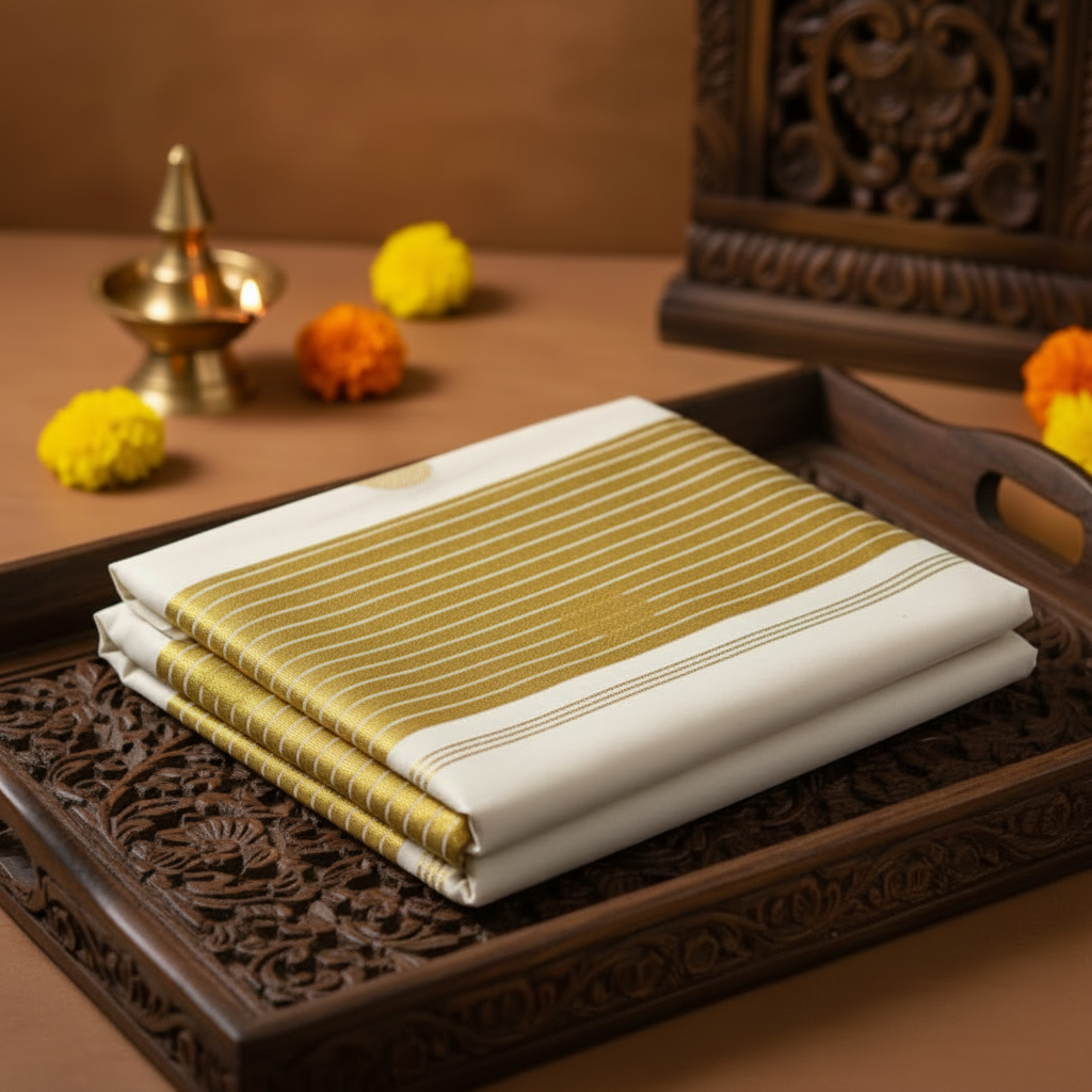 Premium Cotton Saree in Off-White with Golden Buttas and Polka Dot Border