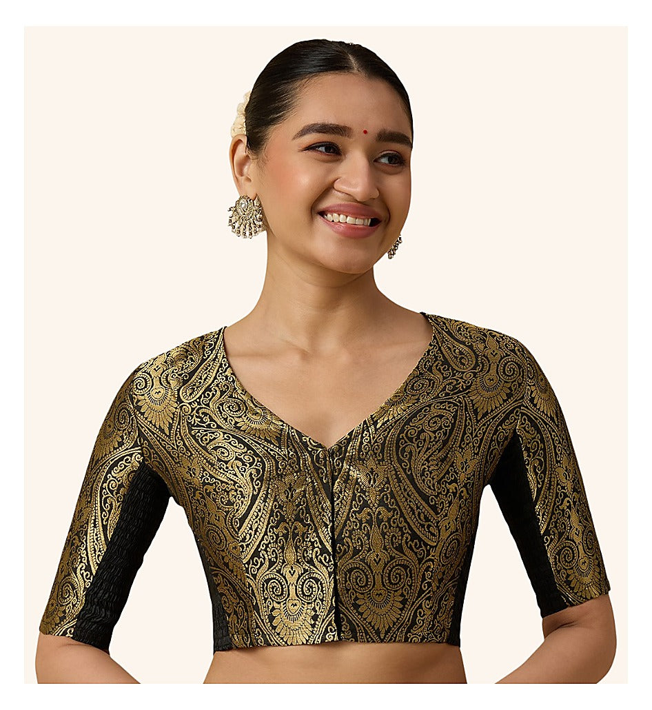 Black Benaras Brocade Readymade Blouse - V Neck Elbow Sleeves front view