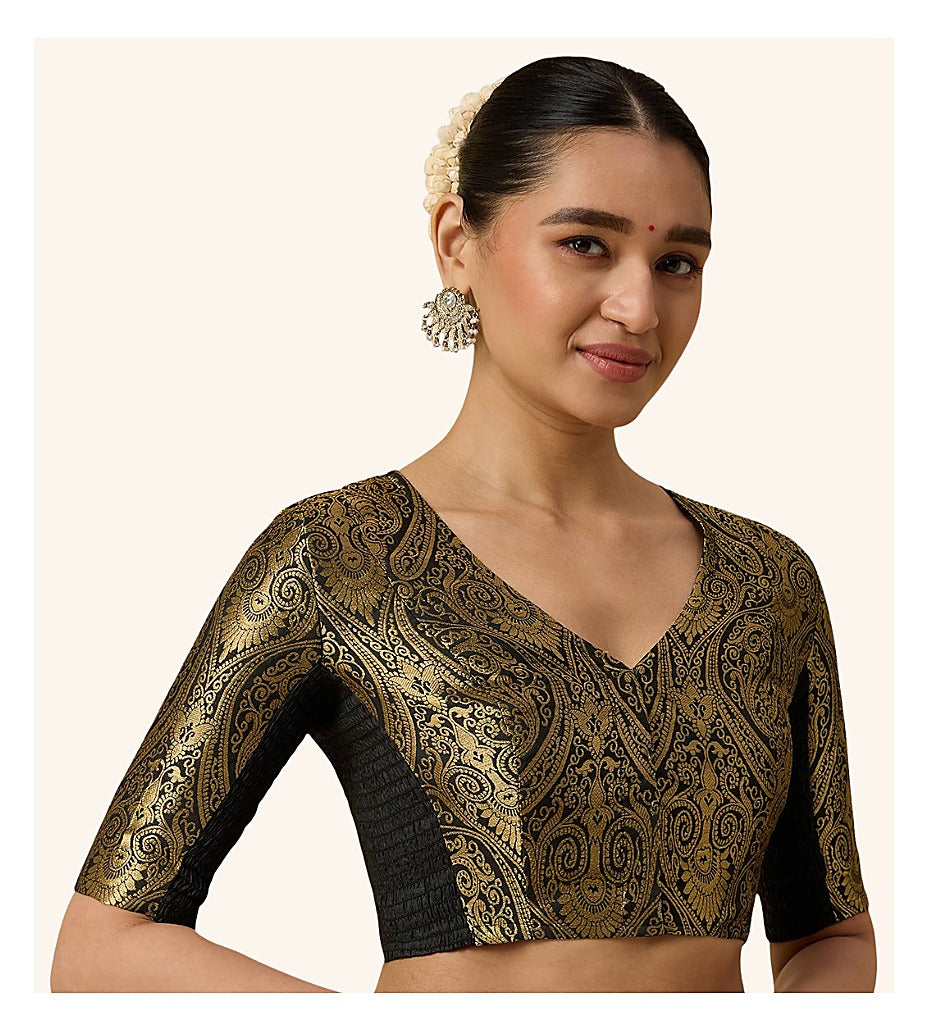 Black Benaras Brocade Readymade Blouse - V Neck Elbow Sleeves