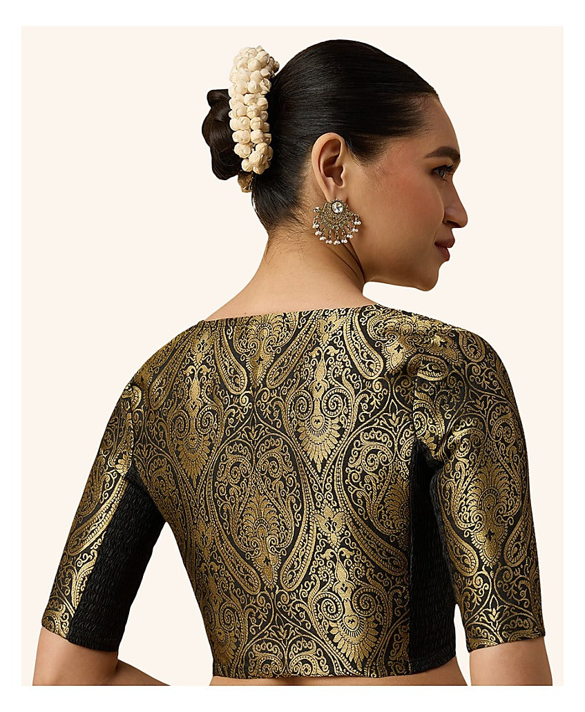 Black Benaras Brocade Readymade Blouse - V Neck Elbow Sleeves