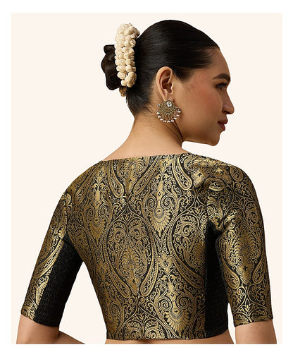 Black Benaras Brocade Readymade Blouse - V Neck Elbow Sleeves