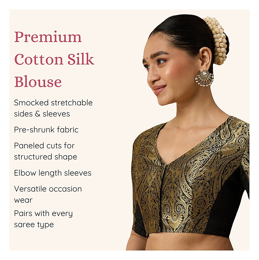 Black Benaras Brocade Readymade Blouse - V Neck Elbow Sleeves