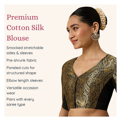 Black Benaras Brocade Readymade Blouse - V Neck Elbow Sleeves