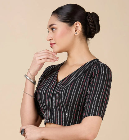 Women’s Black Cotton Side Stretchable (Smocked) Readymade Saree Blouse | V-Neck Elbow Sleeve