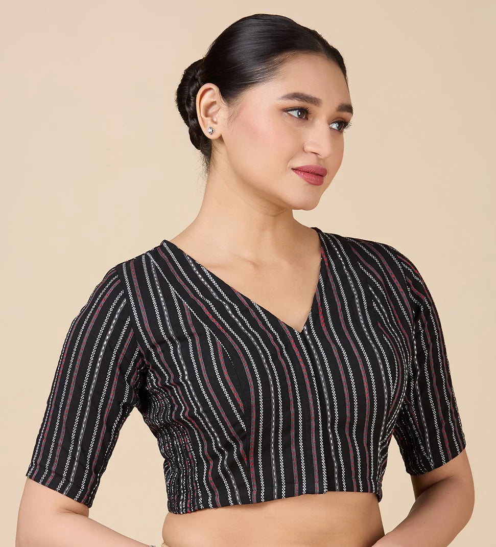 Women’s Black Cotton Side Stretchable (Smocked) Readymade Saree Blouse | V-Neck Elbow Sleeve