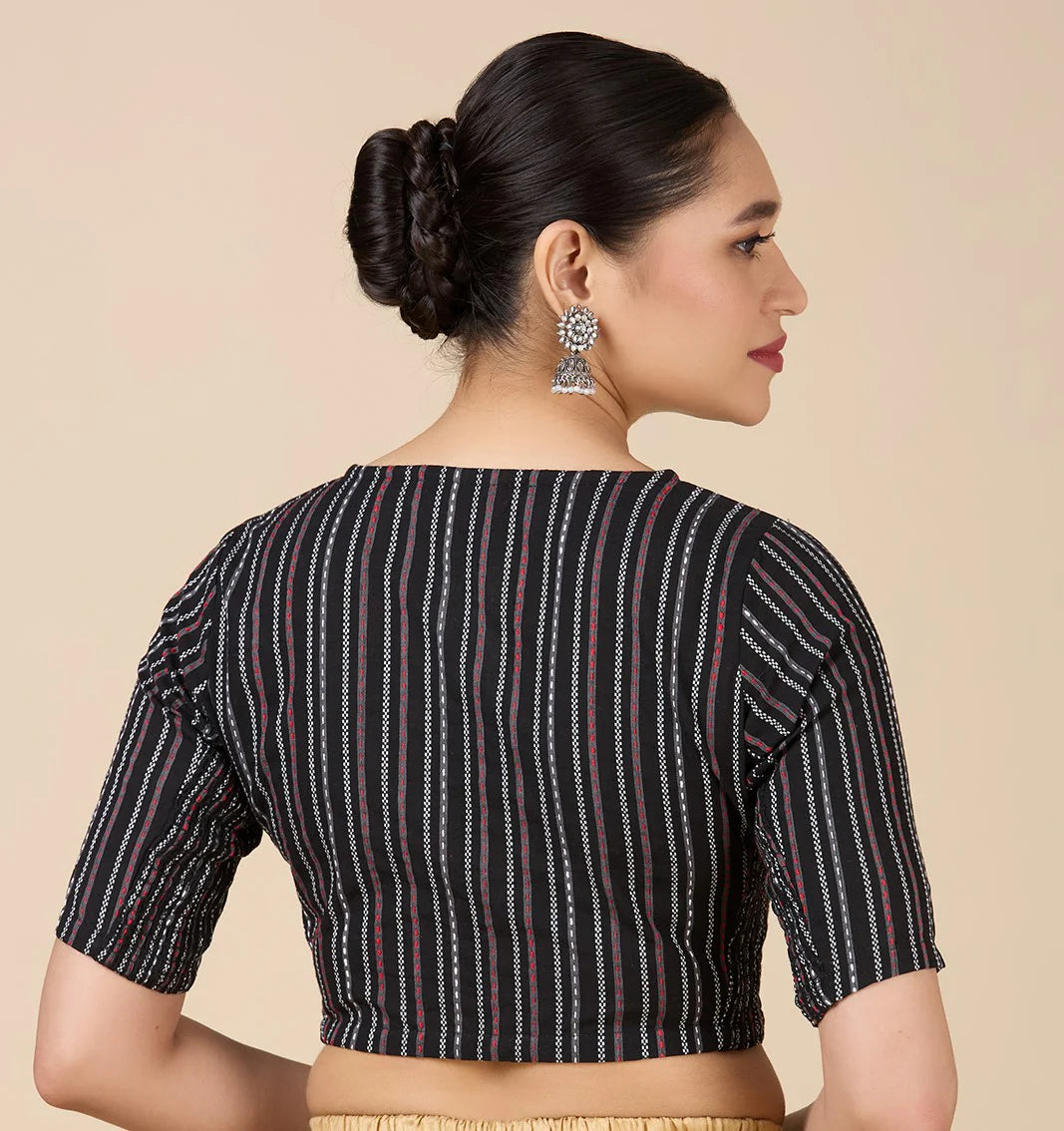 Women’s Black Cotton Side Stretchable (Smocked) Readymade Saree Blouse | V-Neck Elbow Sleeve