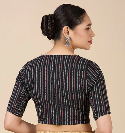 Women’s Black Cotton Side Stretchable (Smocked) Readymade Saree Blouse | V-Neck Elbow Sleeve