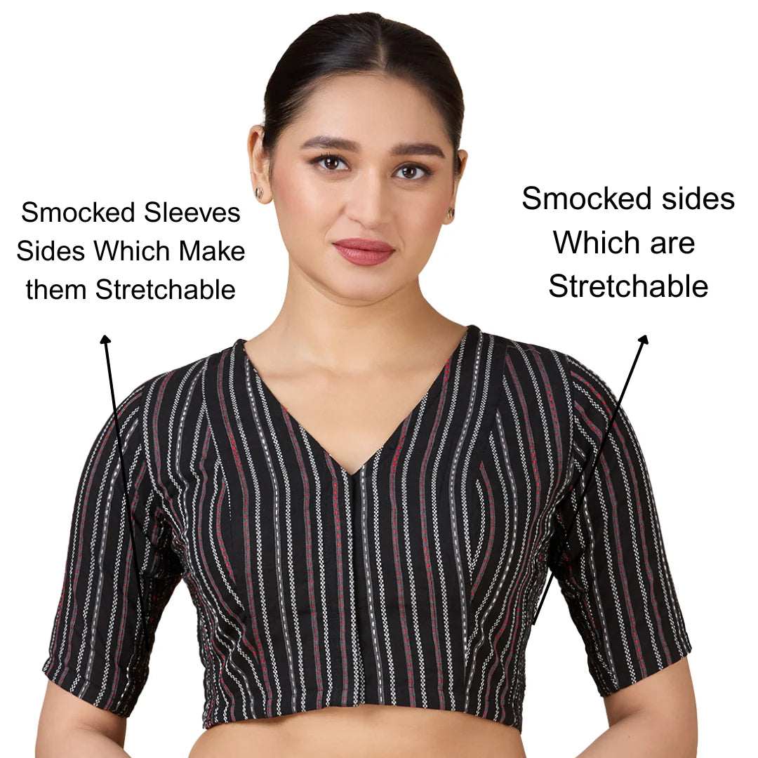 Women’s Black Cotton Side Stretchable (Smocked) Readymade Saree Blouse | V-Neck Elbow Sleeve