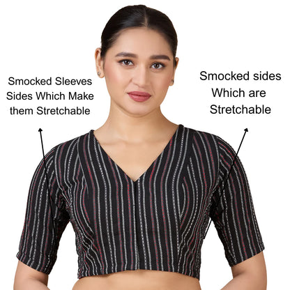 Women’s Black Cotton Side Stretchable (Smocked) Readymade Saree Blouse | V-Neck Elbow Sleeve