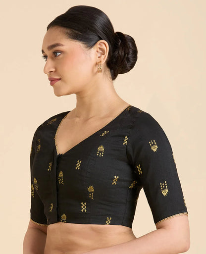 Women’s Black Cotton Silk V-Neck Readymade Saree Blouse with Gold Buttas | Elbow Sleeve