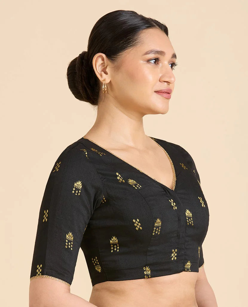 Women’s Black Cotton Silk V-Neck Readymade Saree Blouse with Gold Buttas | Elbow Sleeve