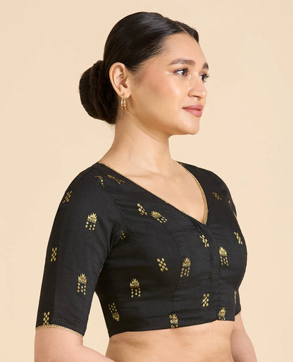 Women’s Black Cotton Silk V-Neck Readymade Saree Blouse with Gold Buttas | Elbow Sleeve