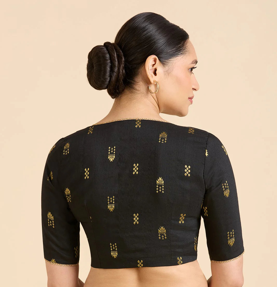 Women’s Black Cotton Silk V-Neck Readymade Saree Blouse with Gold Buttas | Elbow Sleeve