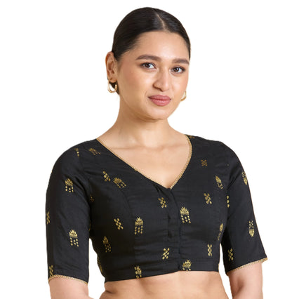 Women’s Black Cotton Silk V-Neck Readymade Saree Blouse with Gold Buttas | Elbow Sleeve