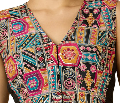Women’s Black Viscose Crepe Embroidered Stretchable (Smocked) Sleeveless Saree Blouse