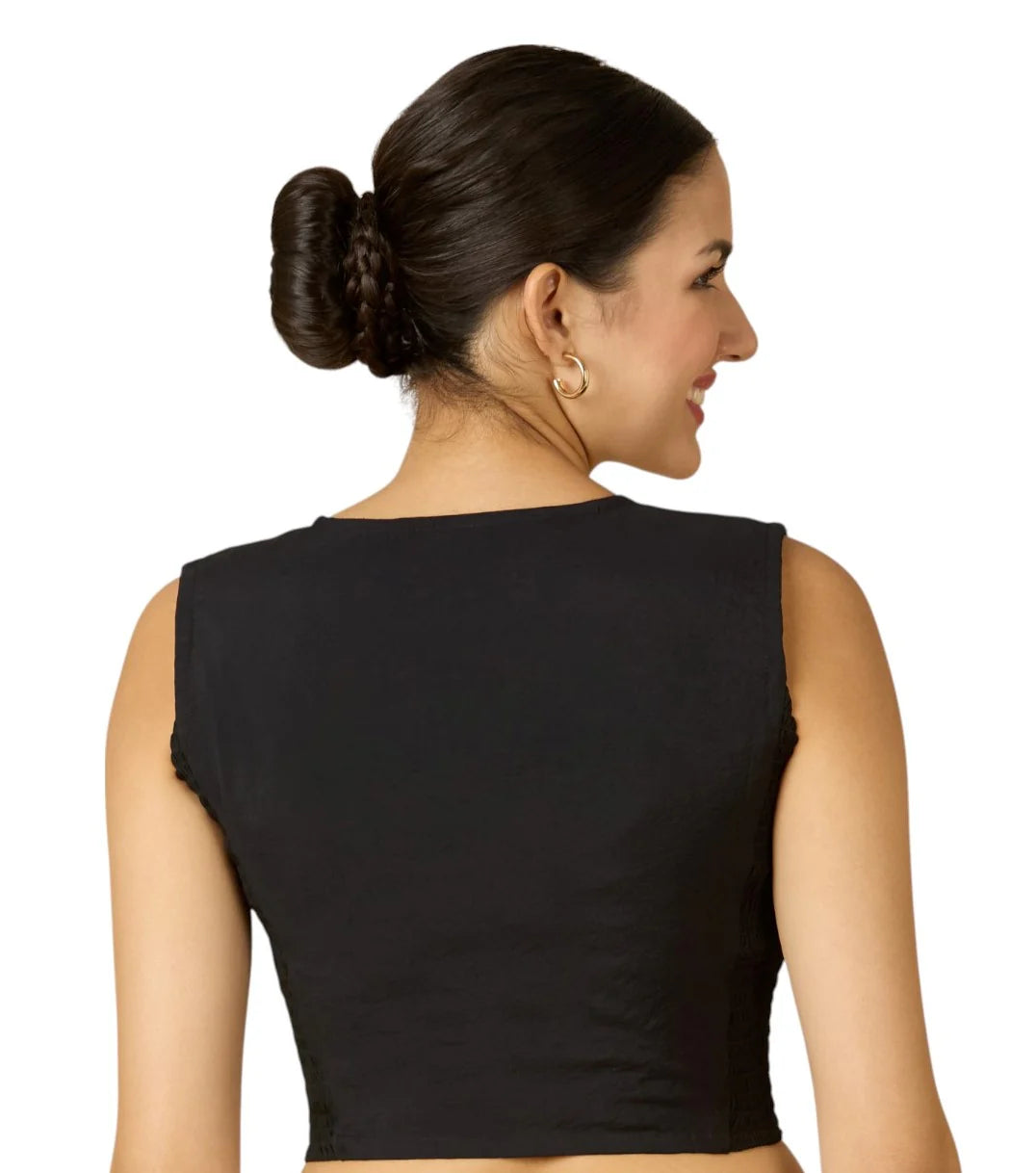 Women’s Black Viscose Crepe Embroidered Stretchable (Smocked) Sleeveless Saree Blouse