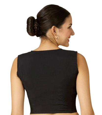Women’s Black Viscose Crepe Embroidered Stretchable (Smocked) Sleeveless Saree Blouse