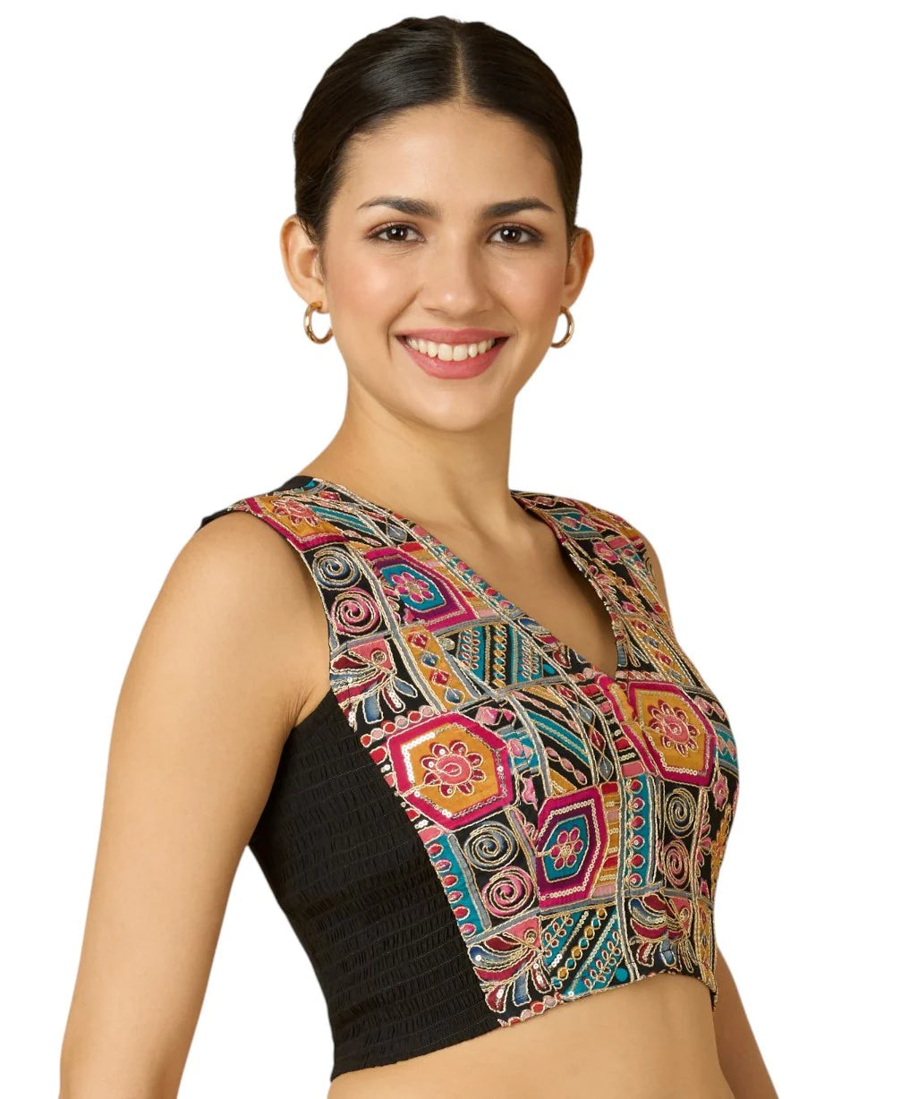 Women’s Black Viscose Crepe Embroidered Stretchable (Smocked) Sleeveless Saree Blouse