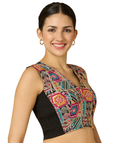 Women’s Black Viscose Crepe Embroidered Stretchable (Smocked) Sleeveless Saree Blouse
