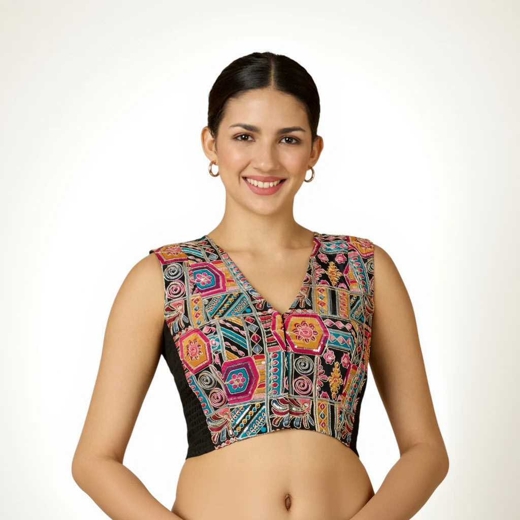 Women’s Black Viscose Crepe Embroidered Stretchable (Smocked) Sleeveless Saree Blouse
