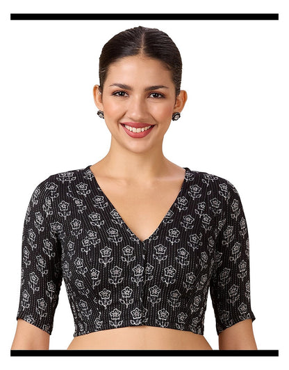 Black Handloom Cotton Block Print Blouse - V Neck Short Sleeves front view