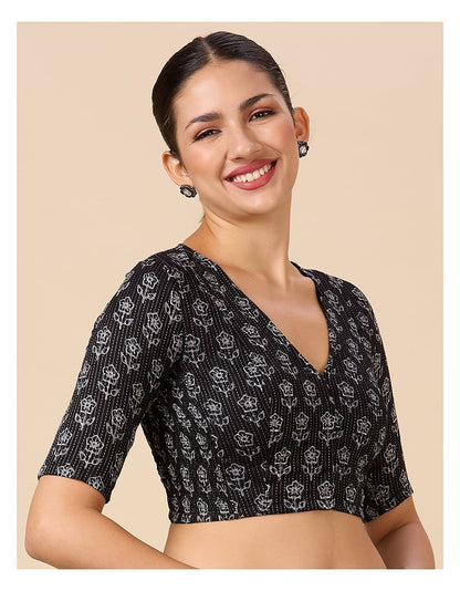 Black Handloom Cotton Block Print Blouse - V Neck Short Sleeves