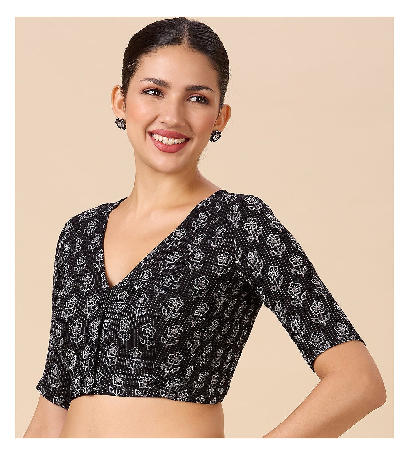 Black Handloom Cotton Block Print Blouse - V Neck Short Sleeves