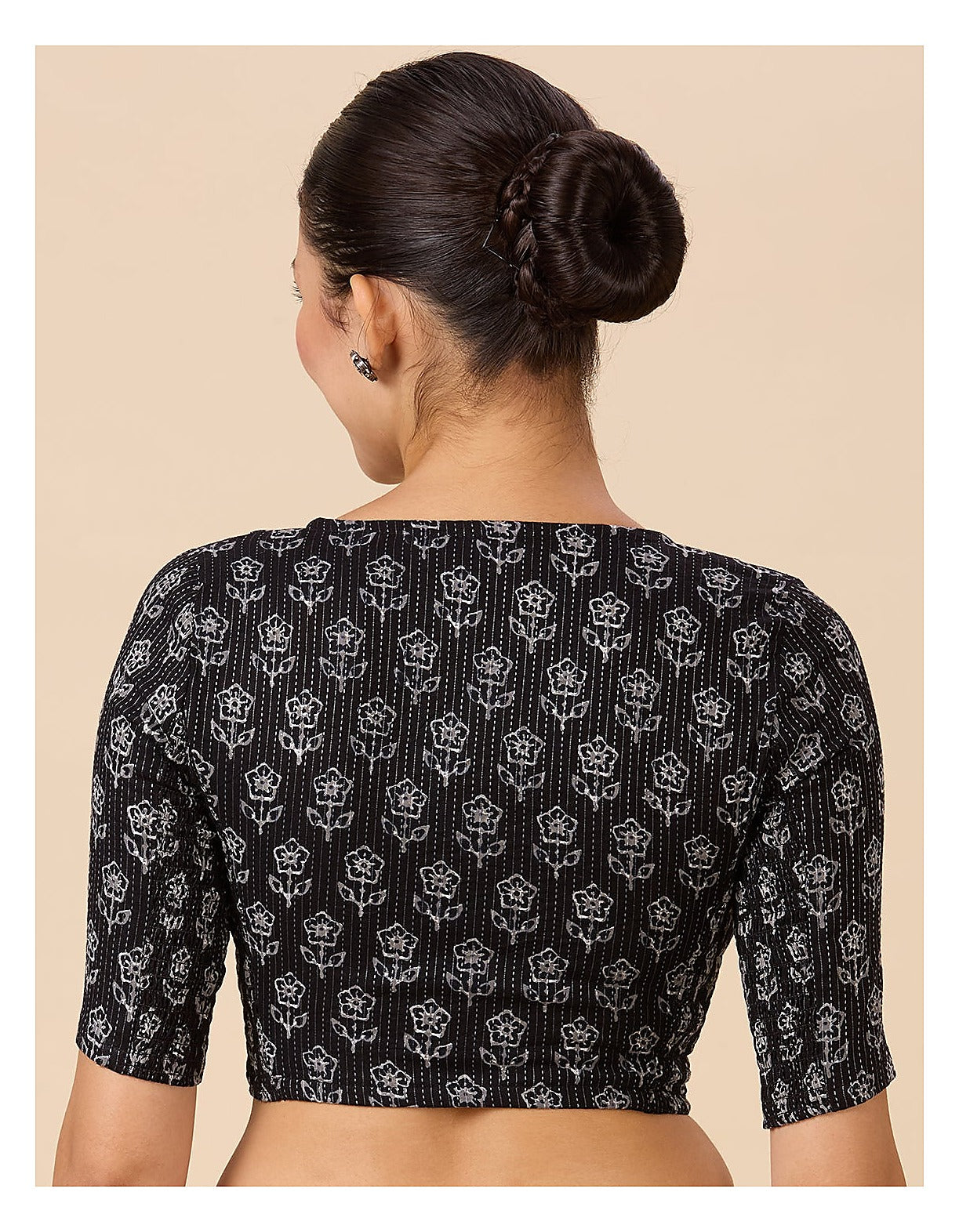 Black Handloom Cotton Block Print Blouse - V Neck Short Sleeves