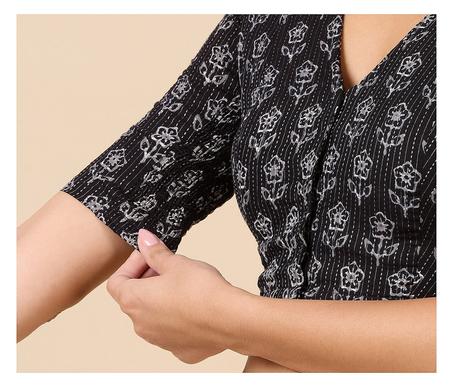 Black Handloom Cotton Block Print Blouse - V Neck Short Sleeves