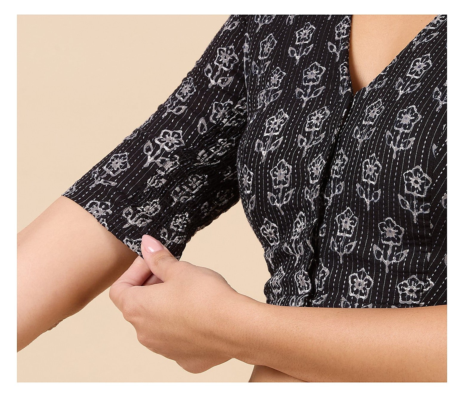 Black Handloom Cotton Block Print Blouse - V Neck Short Sleeves