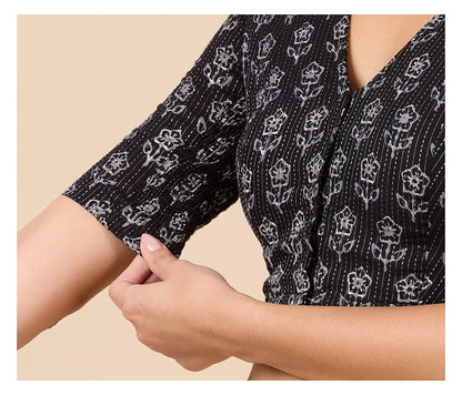 Black Handloom Cotton Block Print Blouse - V Neck Short Sleeves