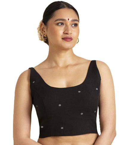 Women’s Black Cotton Sleeveless Readymade Saree Blouse | Classic Scoop Neck