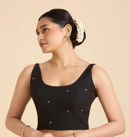 Women’s Black Cotton Sleeveless Readymade Saree Blouse | Classic Scoop Neck