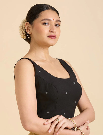 Women’s Black Cotton Sleeveless Readymade Saree Blouse | Classic Scoop Neck