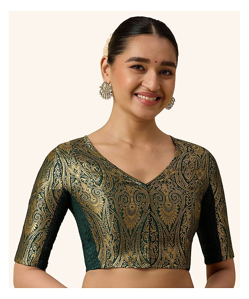Bottle Green Benaras Brocade Readymade Blouse - V Neck Elbow Sleeves front view