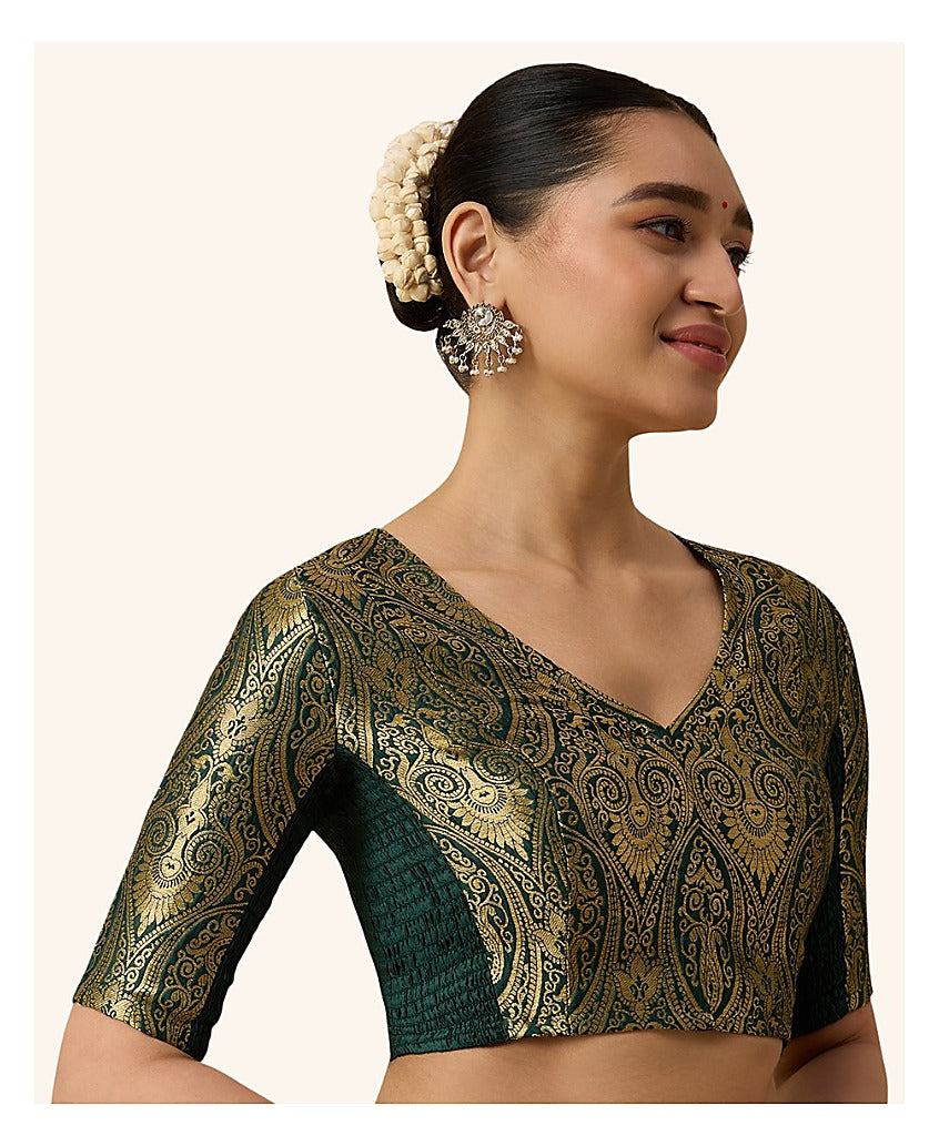 Bottle Green Benaras Brocade Readymade Blouse - V Neck Elbow Sleeves
