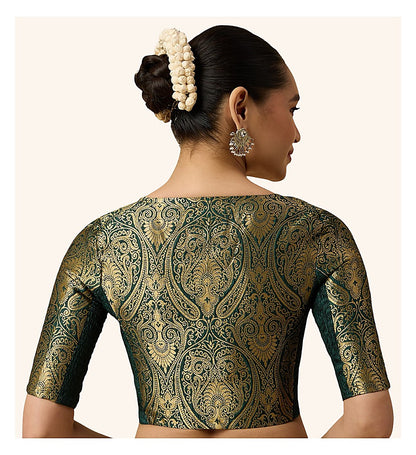 Bottle Green Benaras Brocade Readymade Blouse - V Neck Elbow Sleeves