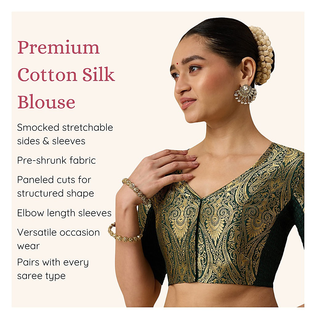 Bottle Green Benaras Brocade Readymade Blouse - V Neck Elbow Sleeves