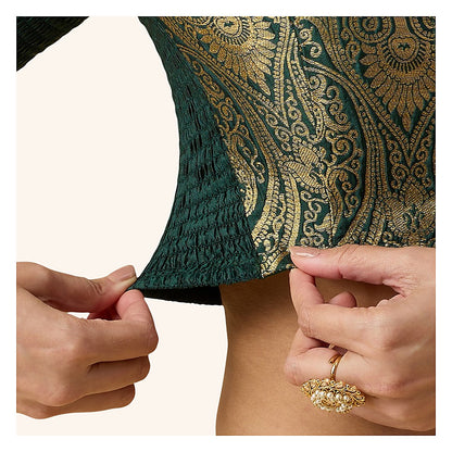 Bottle Green Benaras Brocade Readymade Blouse - V Neck Elbow Sleeves