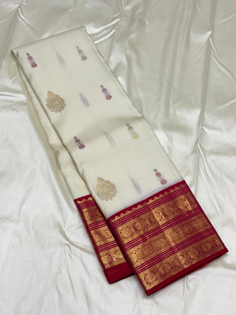 Silk Mark certified ivory Kanchipuram korvai saree with red pink contrast border