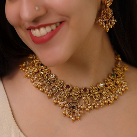 Bridal Short Neckpiece Set with Earrings - Gold-Toned front view