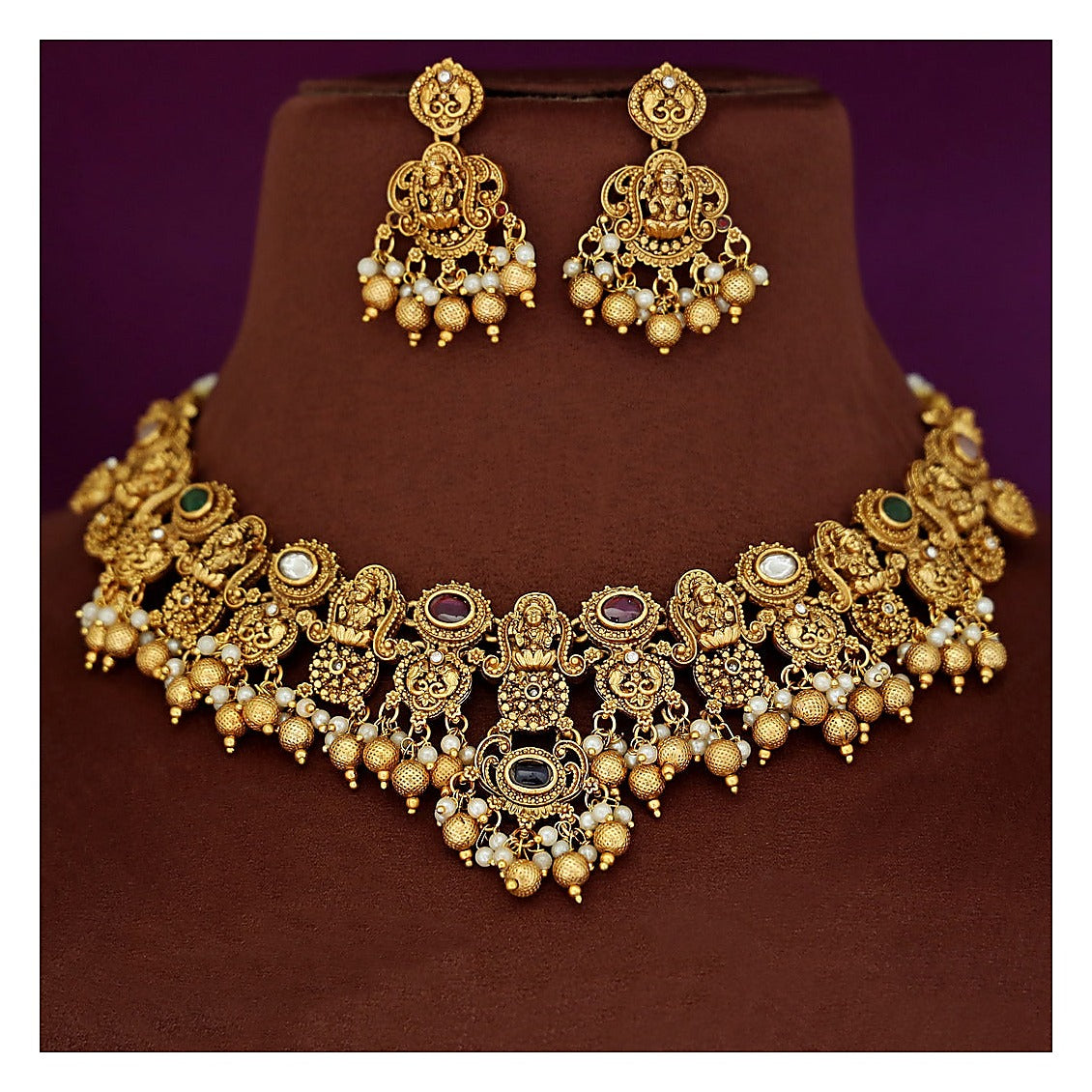 Bridal Short Neckpiece Set with Earrings - Gold-Toned