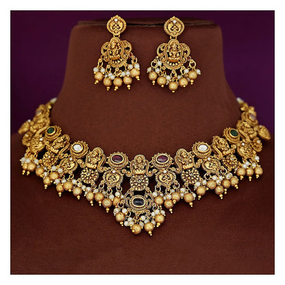 Bridal Short Neckpiece Set with Earrings - Gold-Toned